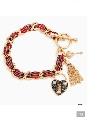 🆕GOLD-TONE & RED PLAID HEART LOCK &KEY BRACELET